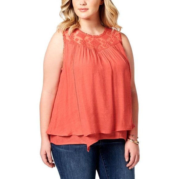 𝅺style & Co Plus Size Lace Yoke Crochet Trim Top - Picture 2 of 3